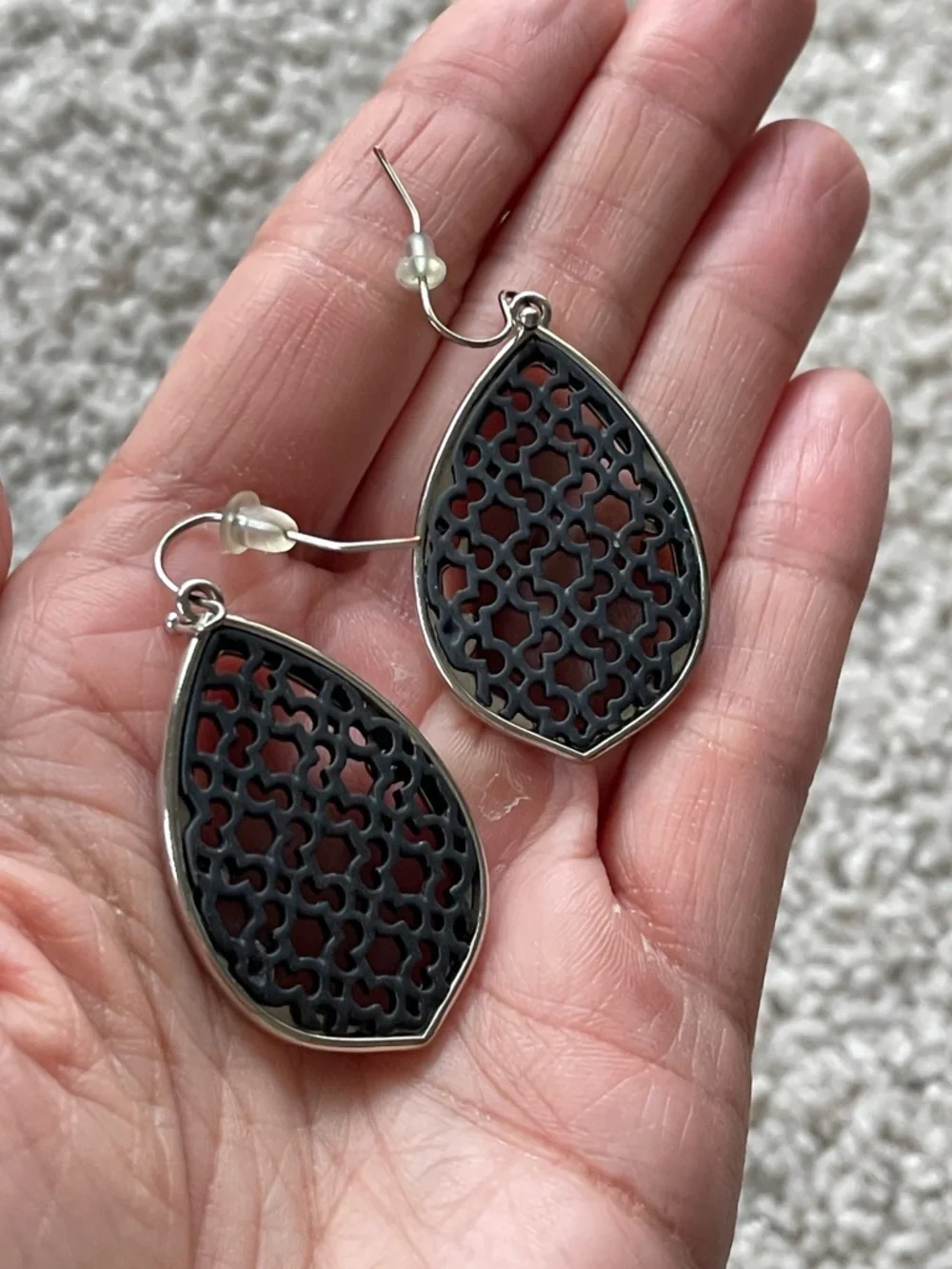 Boutique Teardrop Black Filigree Silver Toned Boho Drop Hook Dangle Earrings